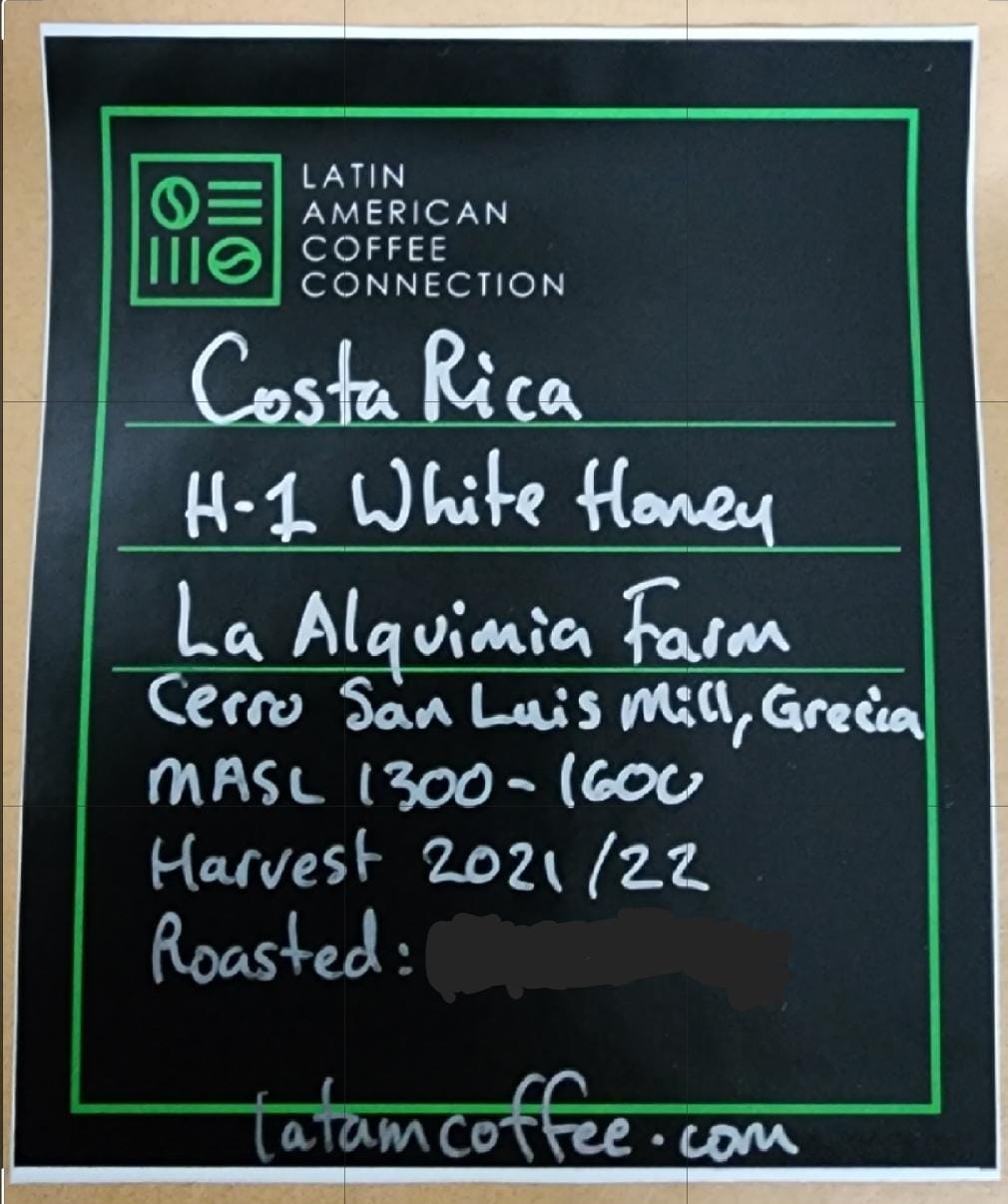 H1 Centroamericano White Honey Specialty Coffee Costa Rica Cerro San Luis Mill La Alquimia Farm