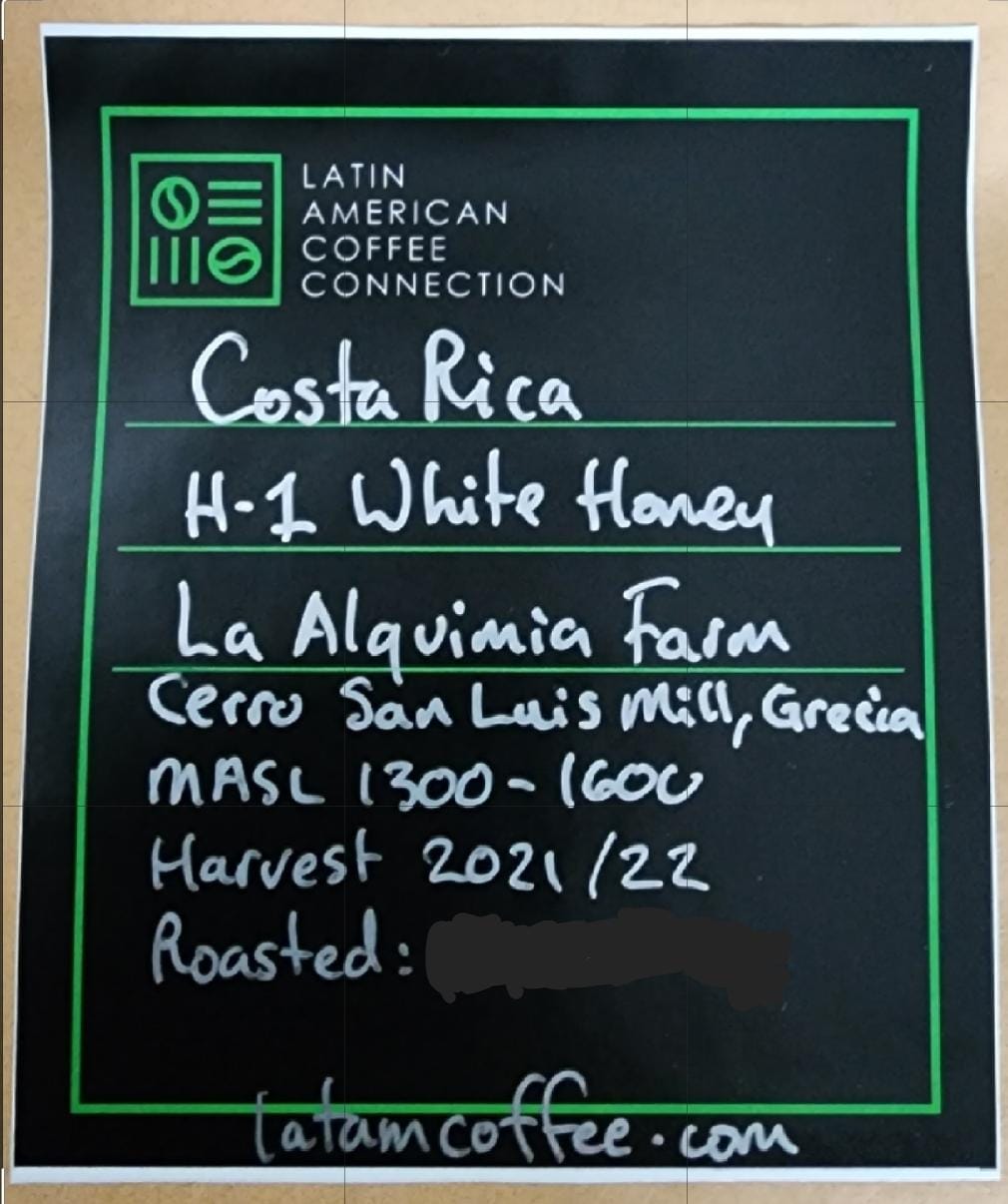 H1 Centroamericano White Honey Coffee Costa Rica Cerro San Luis Mill La Alquimia Farm 