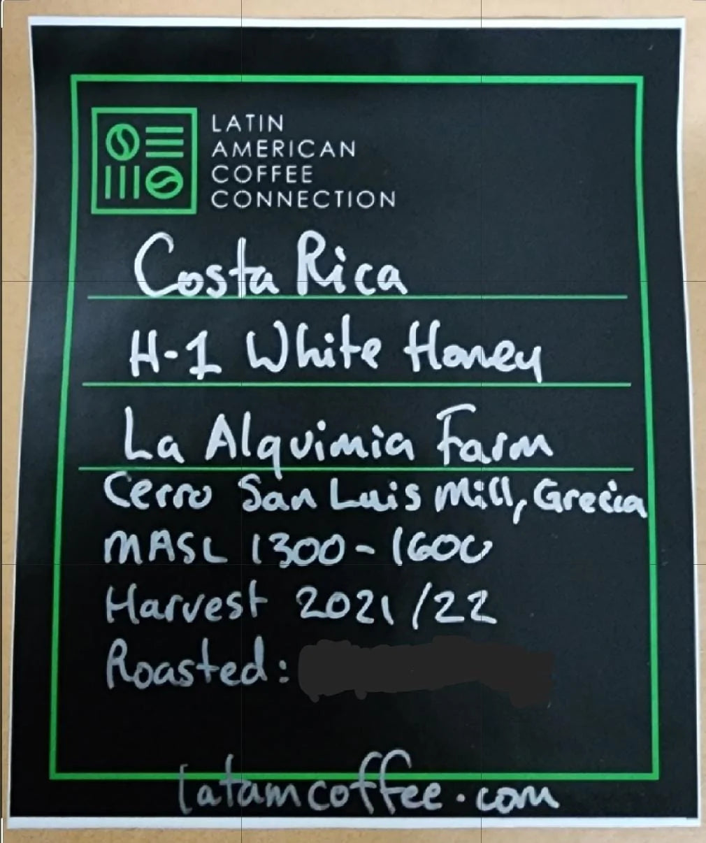 H1 Centroamericano White Honey Coffee Costa Rica Cerro San Luis Mill La Alquimia Farm 